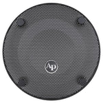 Front view of round black 10-inch subwoofer mesh grill with centered Ap logo