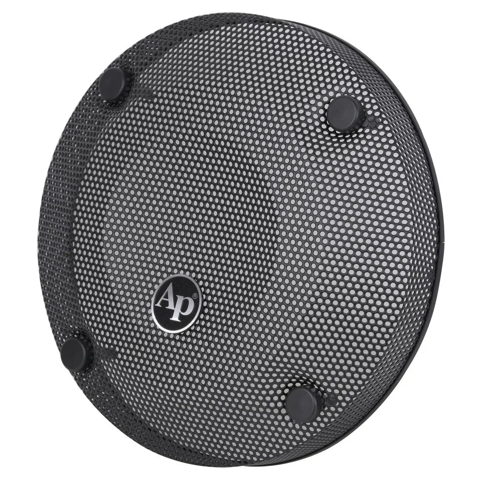 Round black 10-inch subwoofer mesh grill, Ap badge centered, four mounting tabs