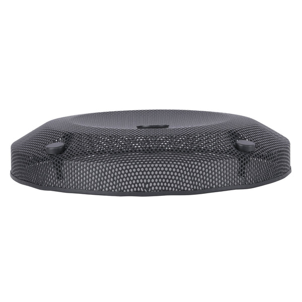 Round subwoofer mesh grill, dark textured metal dome with four corner mounting studs