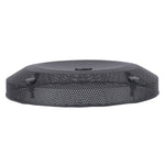 Round subwoofer mesh grill, dark textured metal dome with four corner mounting studs