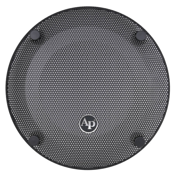 12-inch subwoofer mesh grill, dark round grille with four mounting screws and AP logo