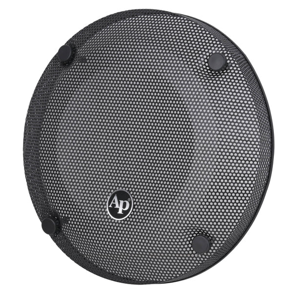 12-inch subwoofer mesh grill with fine metal mesh, four black mounting tabs and AP logo
