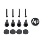 Subwoofer grill hardware kit: black screws, caps, and Ap logo badge
