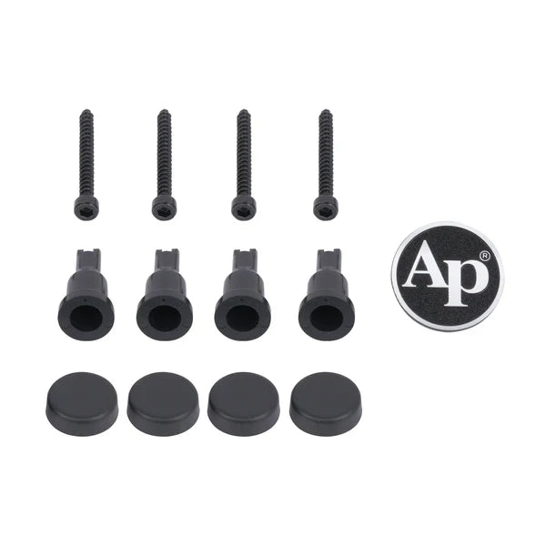 Subwoofer grille mounting kit: four screws, grommets, and four end caps with AP logo
