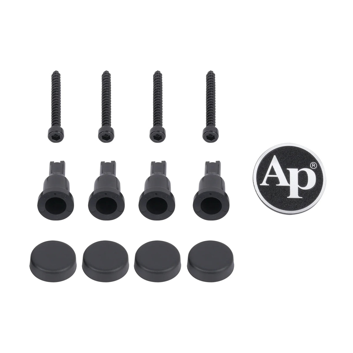 Audiopipe TXX-GR15HX subwoofer grill mounting kit: screws, grommets, caps, AP emblem