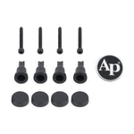 Audiopipe TXX-GR15HX subwoofer grill mounting kit: screws, grommets, caps, AP emblem