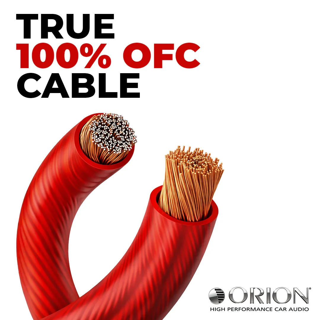 Red 4-gauge OFC power cable with copper strands and cable ends
