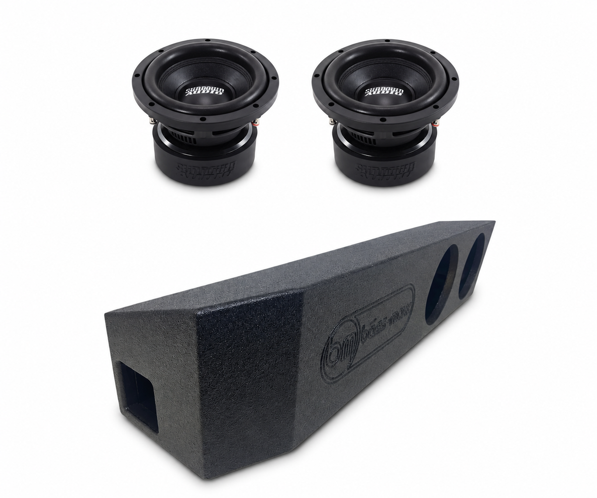 Dual 8-inch car subwoofer box with two black speakers