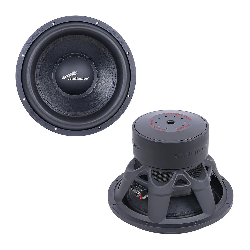 15-inch Audiopipe competition subwoofer shown with front cone and rear magnet