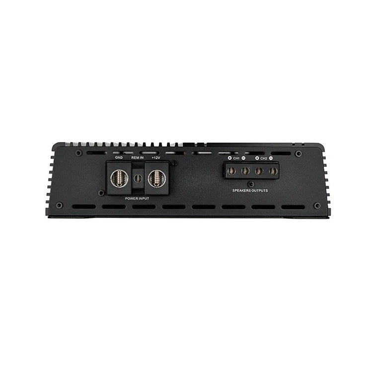 2-channel car amplifier rear ports with speaker outputs and power input terminals