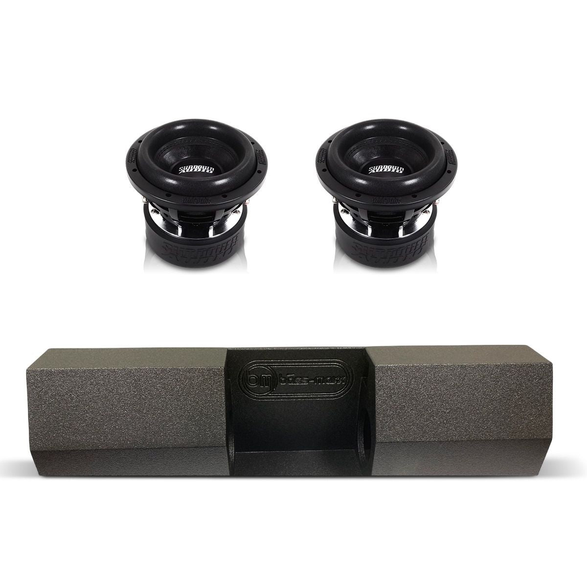 Dual 8-inch subwoofer box combo with two black drivers in a single enclosure