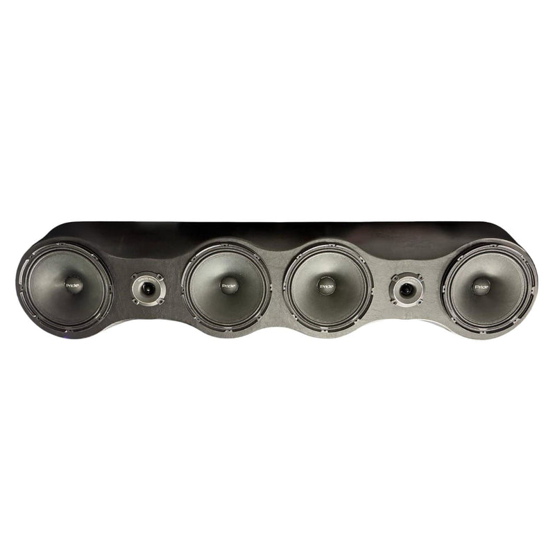 Black speaker rack with four 6.5-inch round drivers