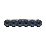 Car roof rack speaker bar with six round speakers and blue illuminated cones