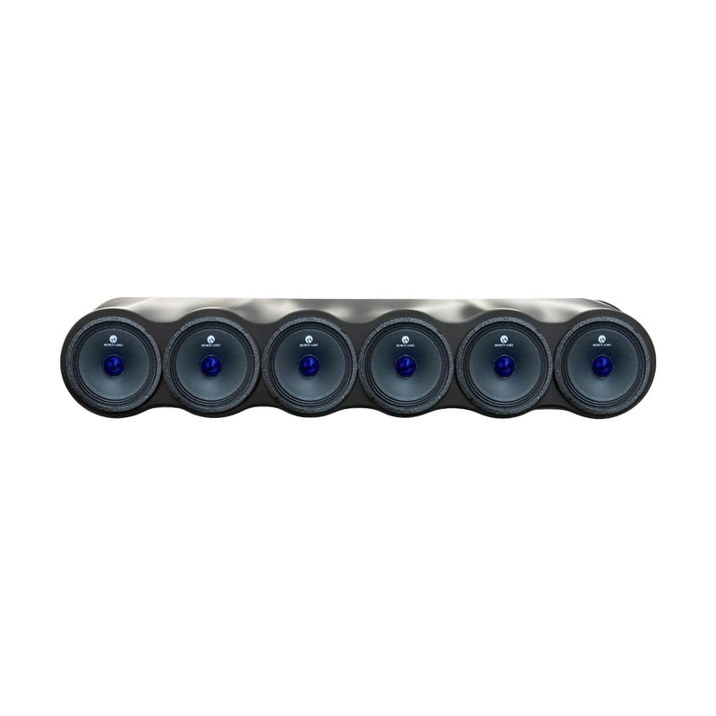 Car roof rack speaker bar with six round speakers and blue illuminated cones