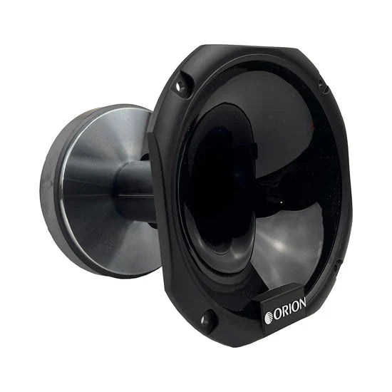 Black plastic horn compression driver speaker with ORION logo, front view