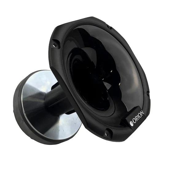 Black plastic horn compression driver with flared mouth, angled view