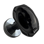 Black plastic horn compression driver with flared mouth, angled view
