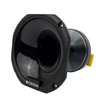 Black horn compression driver with silver mounting flange, side view