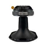 Compression driver base with black housing and mounting plate, underside view
