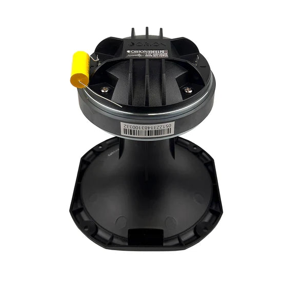 Black compression driver underside with terminals and label, back view