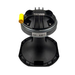 Black compression driver underside with terminals and label, back view