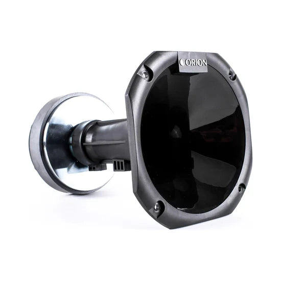 Speaker compression driver with black plastic horn, front view