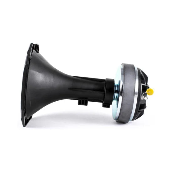 Speaker compression driver with black plastic horn, side angle view