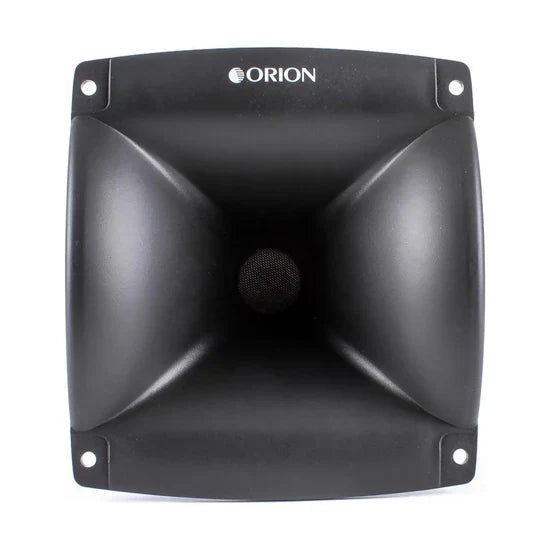 Black compression driver horn speaker front with center mesh grille and ORION logo