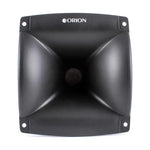Black compression driver horn speaker front with center mesh grille and ORION logo