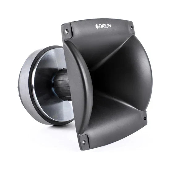 Plastic horn compression driver with ORION logo, black housing and round mounting flange