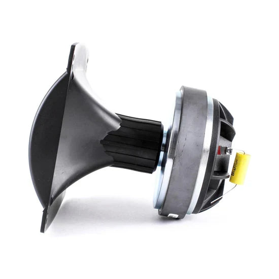 Black compression driver horn speaker with metal ring and wire terminal connection