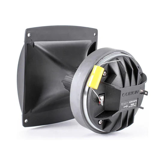 Compression driver with black plastic horn and silver driver housing, yellow label detail