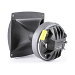 Compression driver with black plastic horn and silver driver housing, yellow label detail
