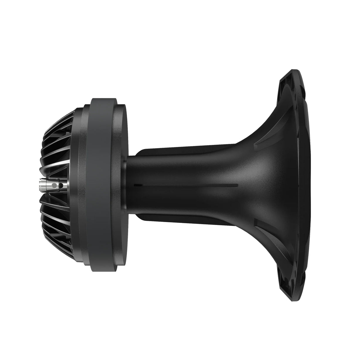 Black plastic horn compression driver with side mounting rim