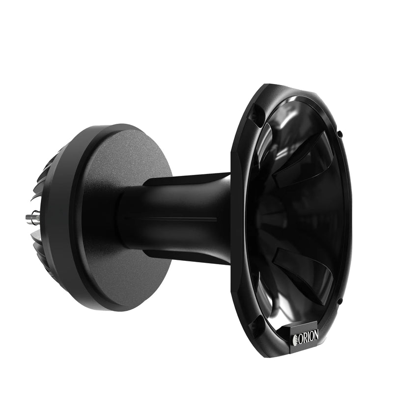 Black plastic compression driver horn with circular mounting flange