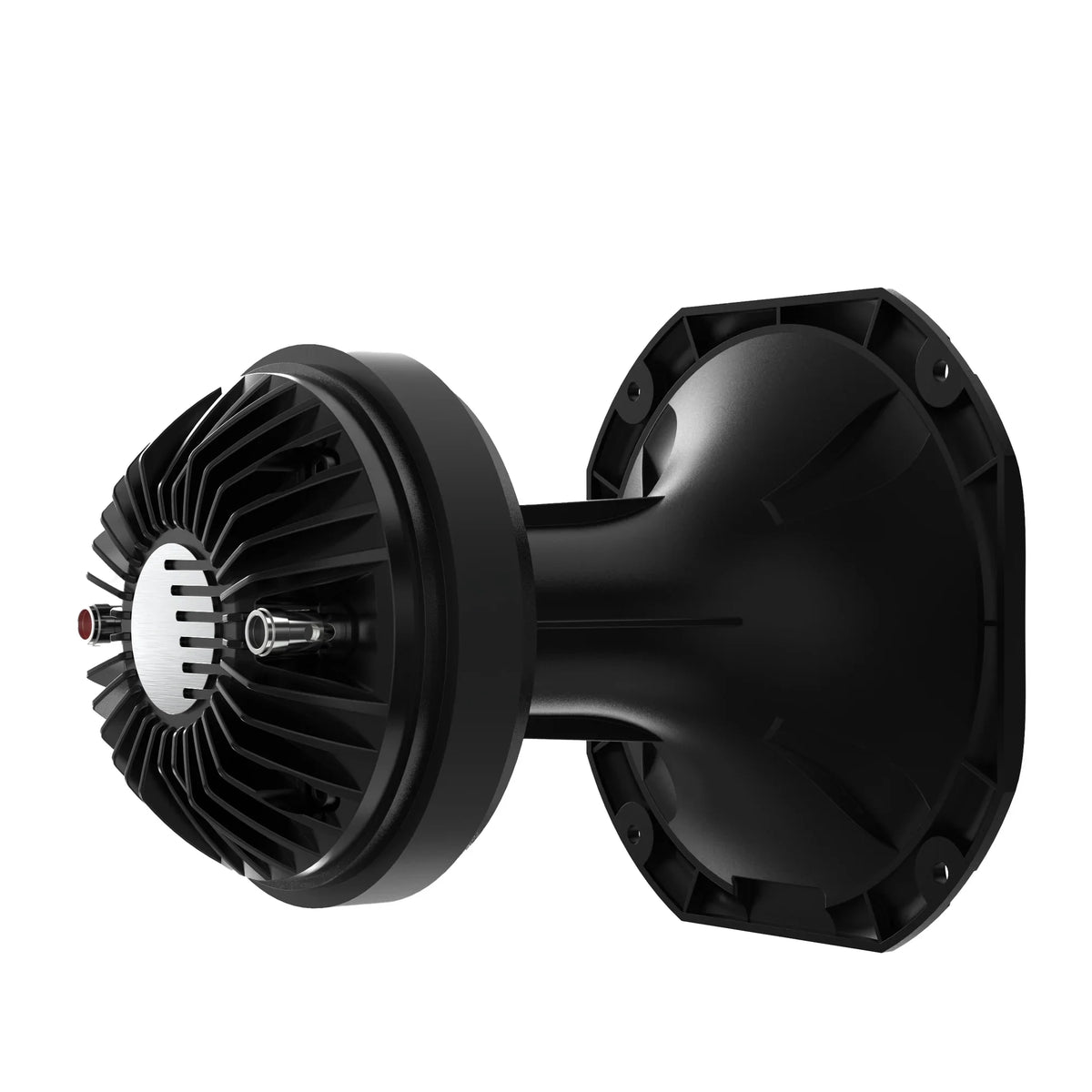 Black compression driver horn with vented fins and circular rear mount