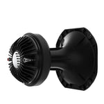 Black compression driver horn with vented fins and circular rear mount