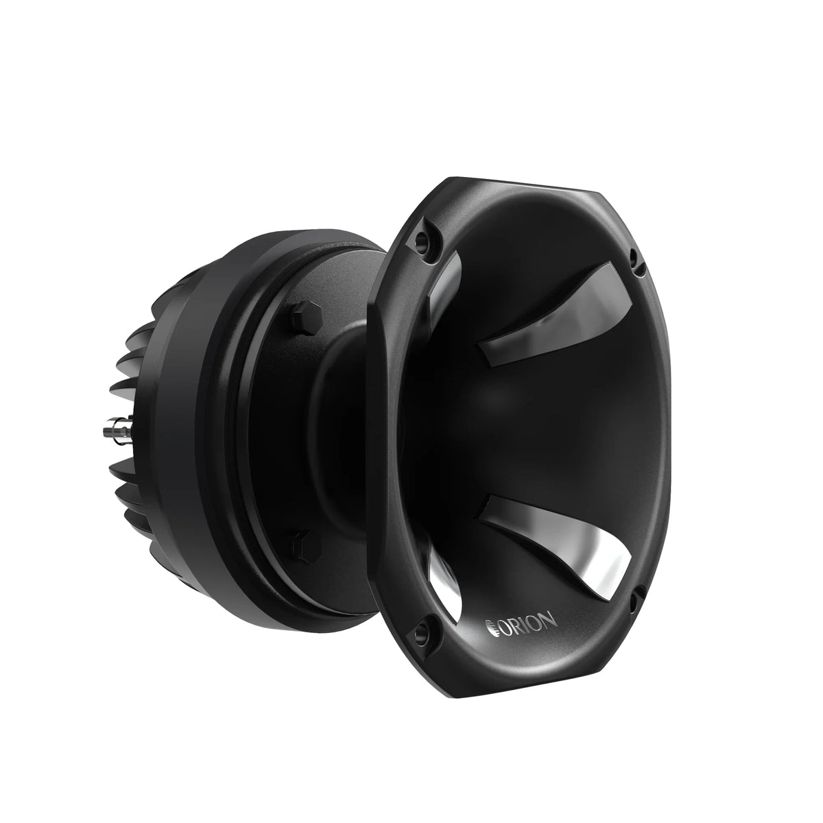 Black compression driver with aluminum horn and ORION logo on front plate
