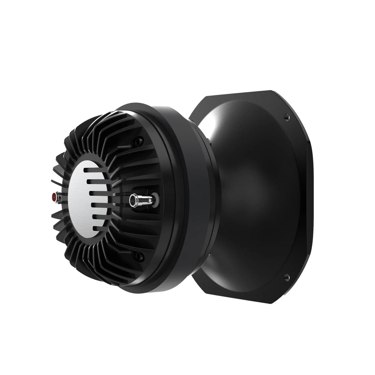 Black 2-inch compression driver with aluminum horn and metal heatsink fins
