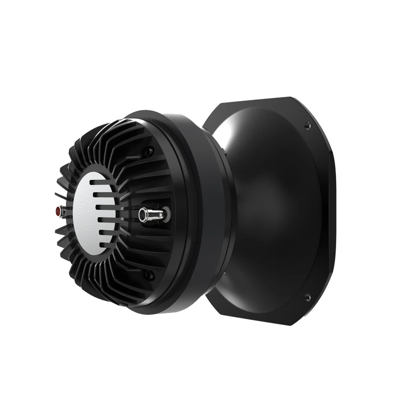 Black 2-inch compression driver with aluminum horn and metal heatsink fins