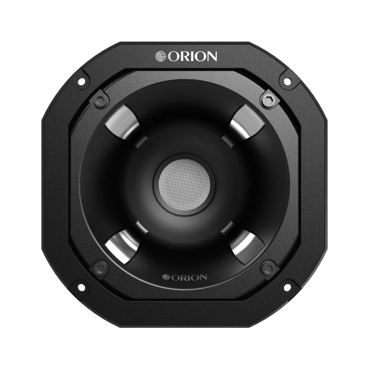 Black compression driver front with metal surround and mesh center