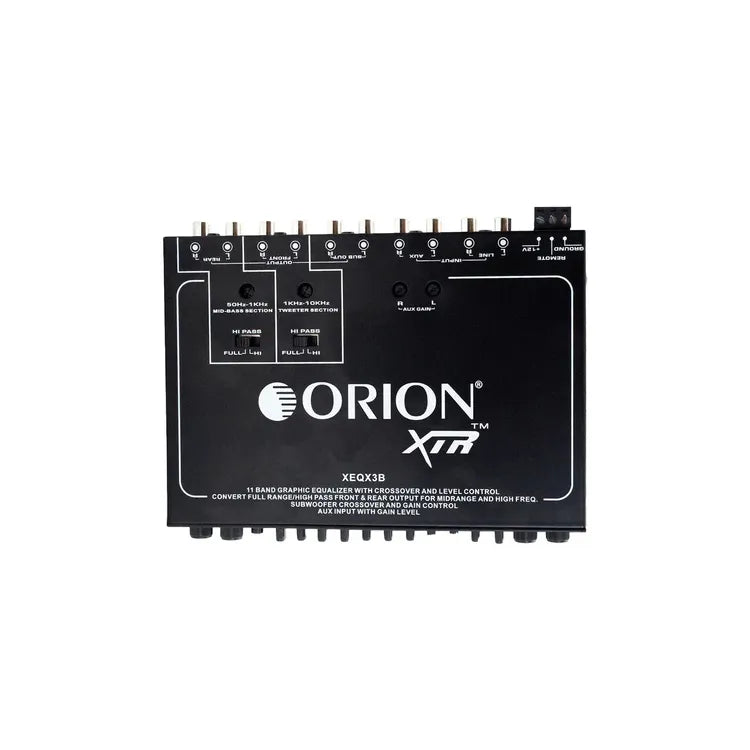 ORION 11-band parametric equalizer rear view with labeled ports and XEQX3B XT front panel