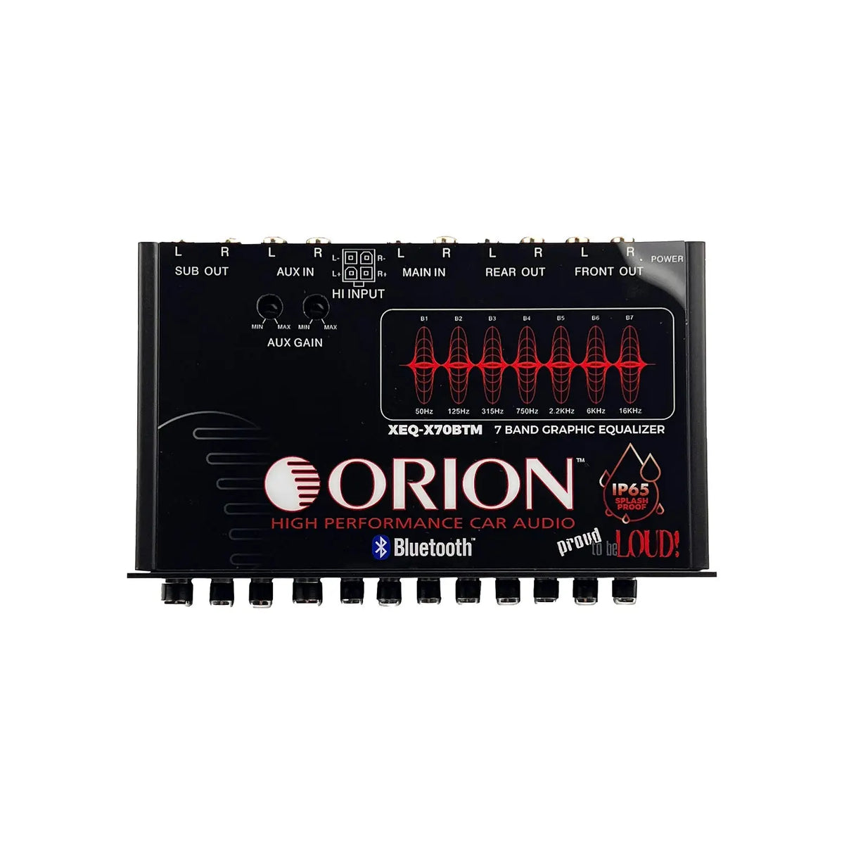Black graphic equalizer rear panel with input/output labels and red LED EQ display