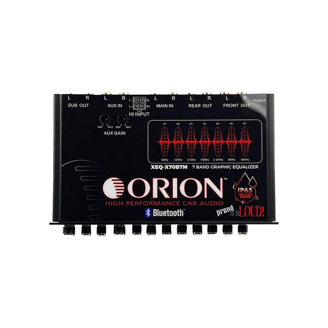 Black graphic equalizer rear panel with input/output labels and red LED EQ display