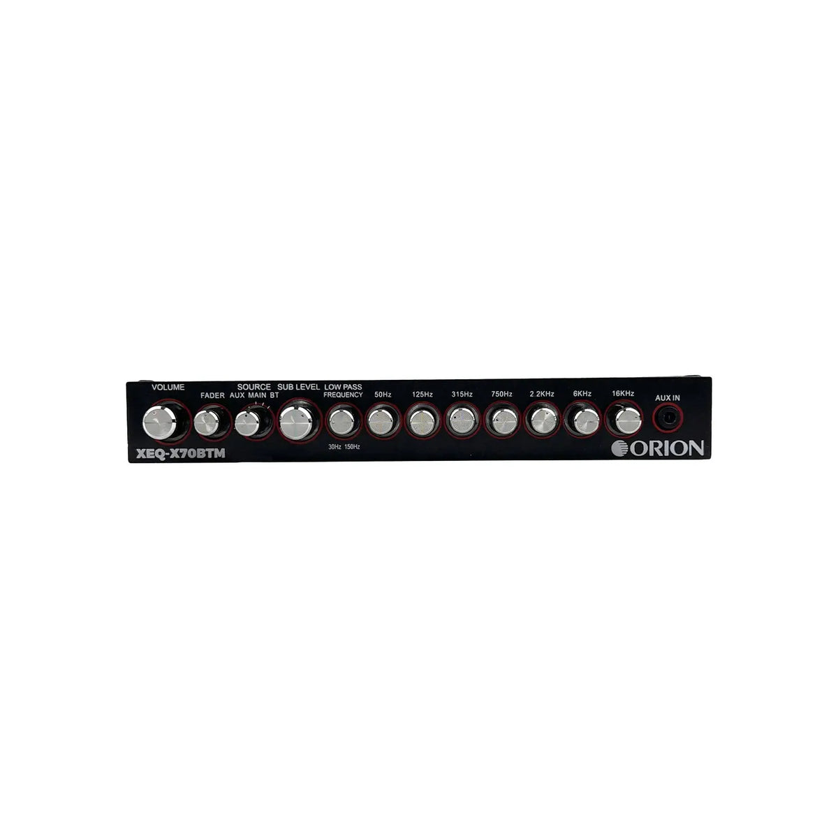 Black Orion graphic equalizer front panel with row of knobs and slider controls