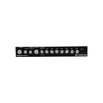 Black Orion graphic equalizer front panel with row of knobs and slider controls
