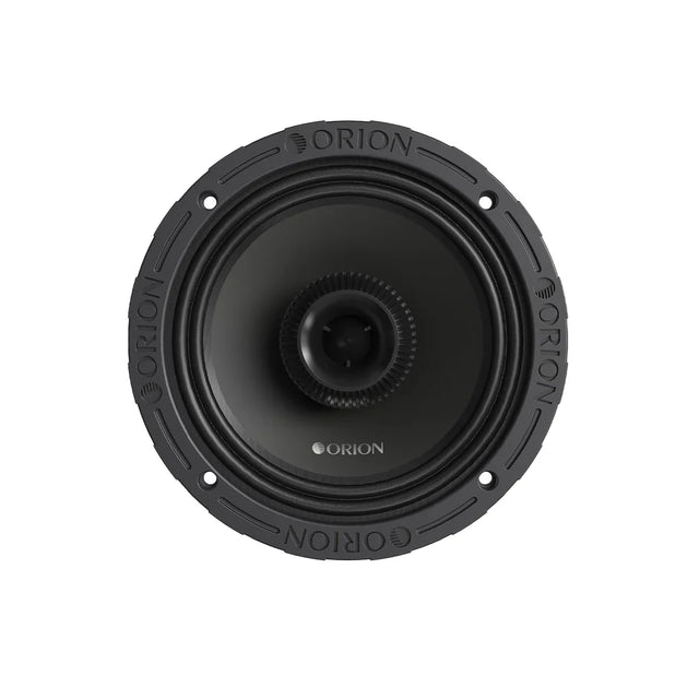 Black 6.5 in coaxial midrange speaker with circular grille and center dust cap