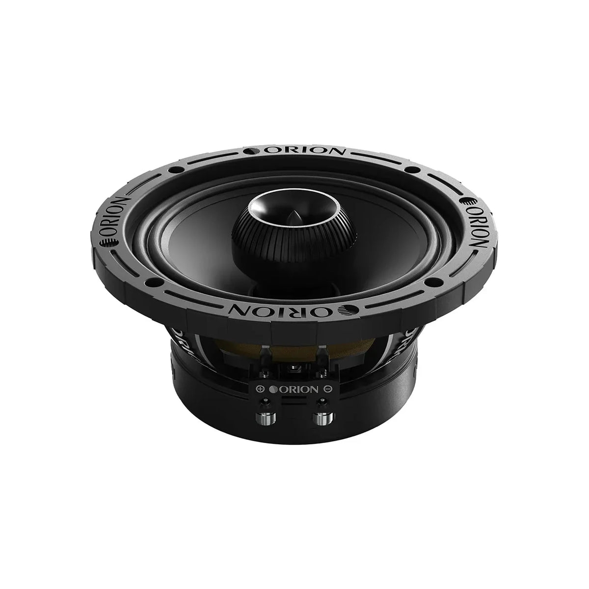 Black 8-inch coaxial midrange speaker, angled view of tweeter and woofer
