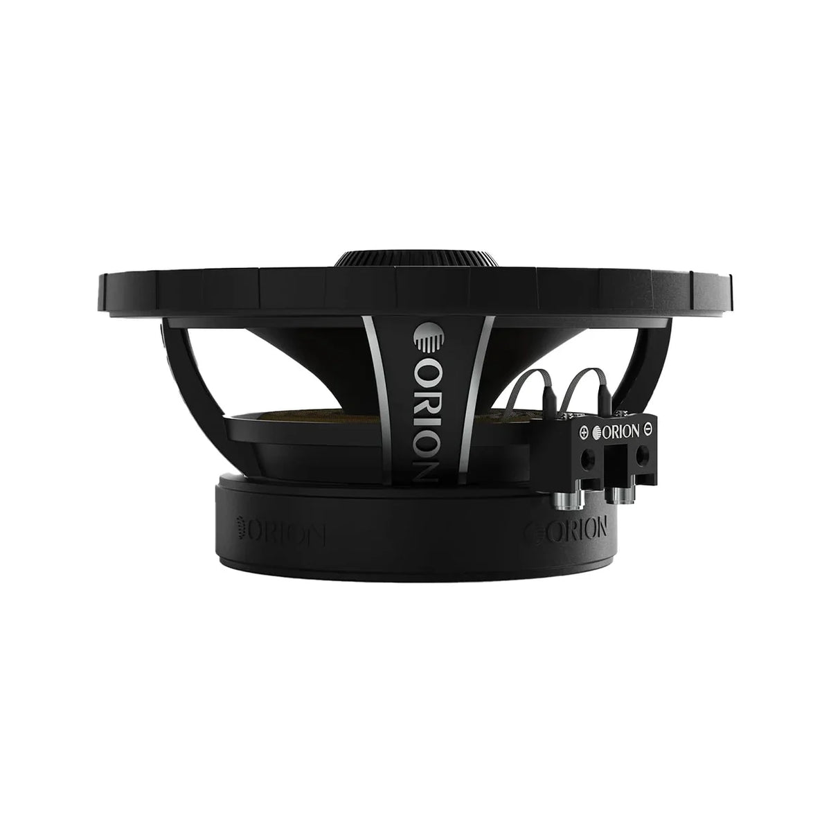 Black coaxial midrange speaker with side frame, cutout, and rear terminal posts