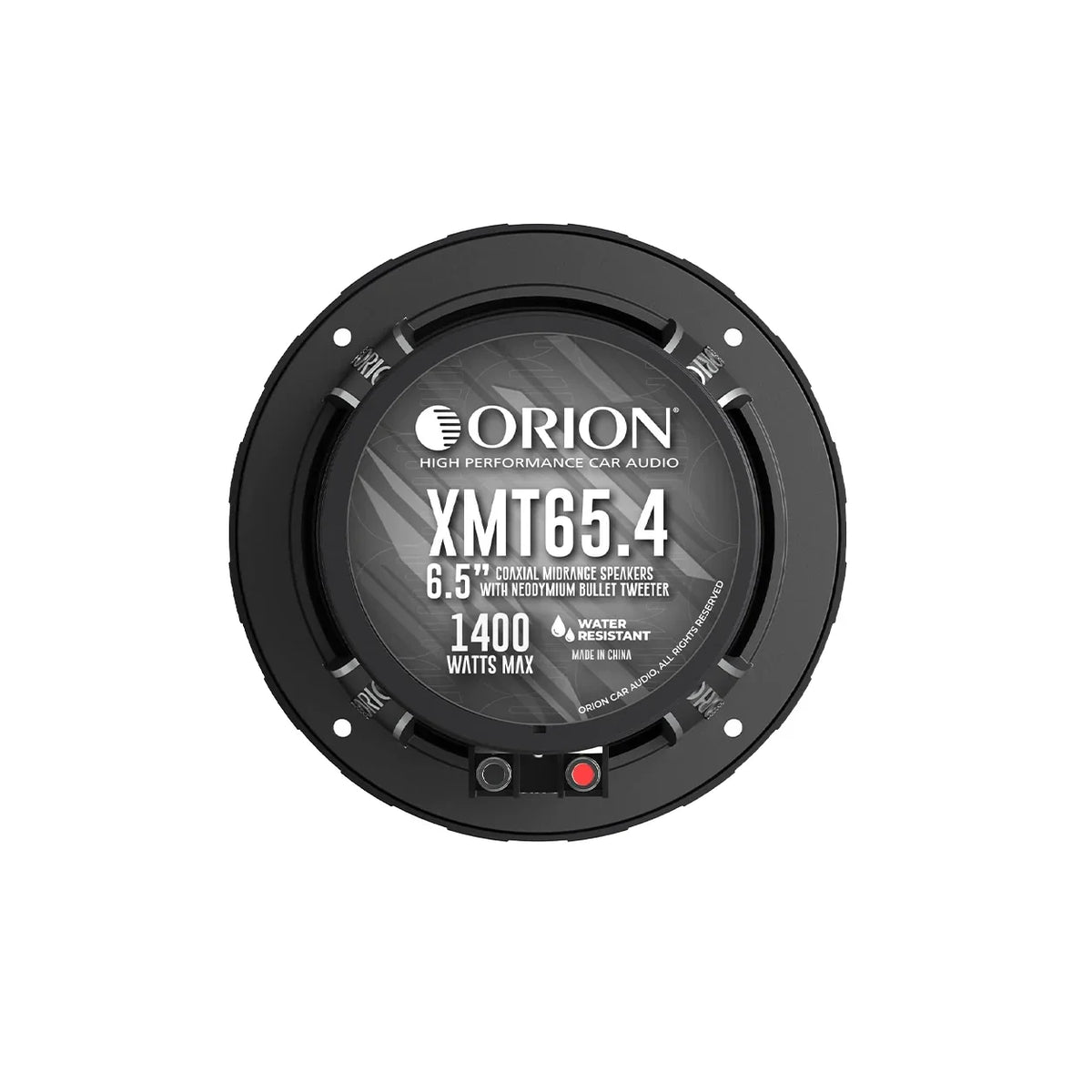 Black speaker back plate with model label, water-resistant and max power rating